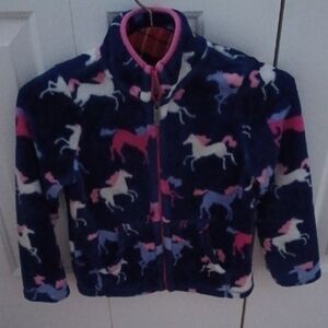 Hatley Kids Horse Print Puffer Jacket - Navy and Pink